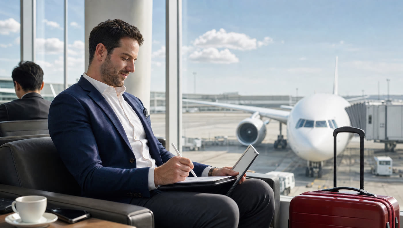 A traveler signing closing documents on a tablet at an airport gate