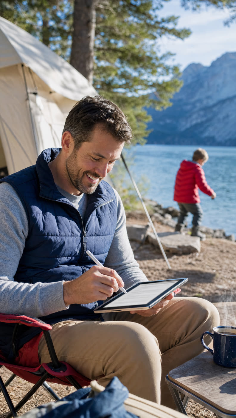 A parent signing on a tablet at a lakeside campsite