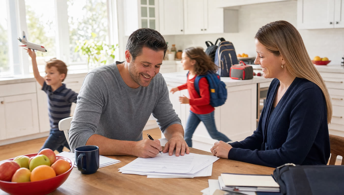 A parent signing at the kitchen table with a notary while kids run past
