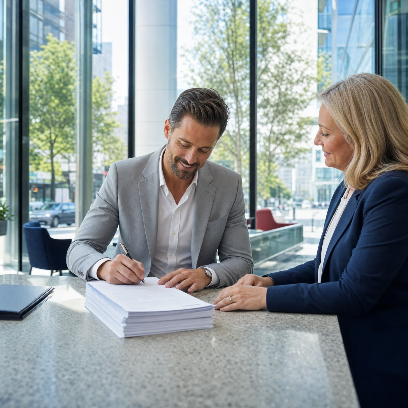 A business owner signing a commercial closing in a building lobby