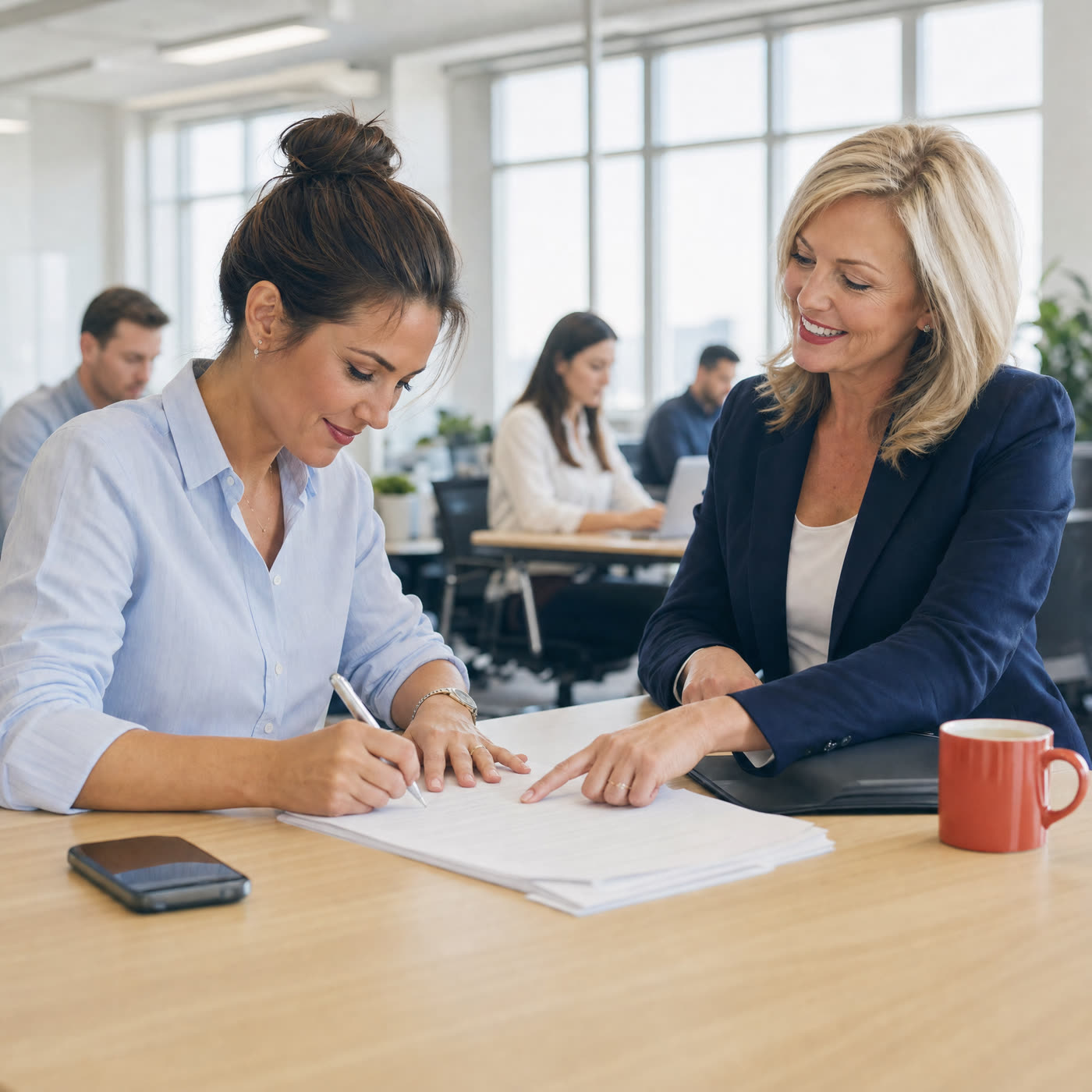 A professional signing with a mobile notary at her office