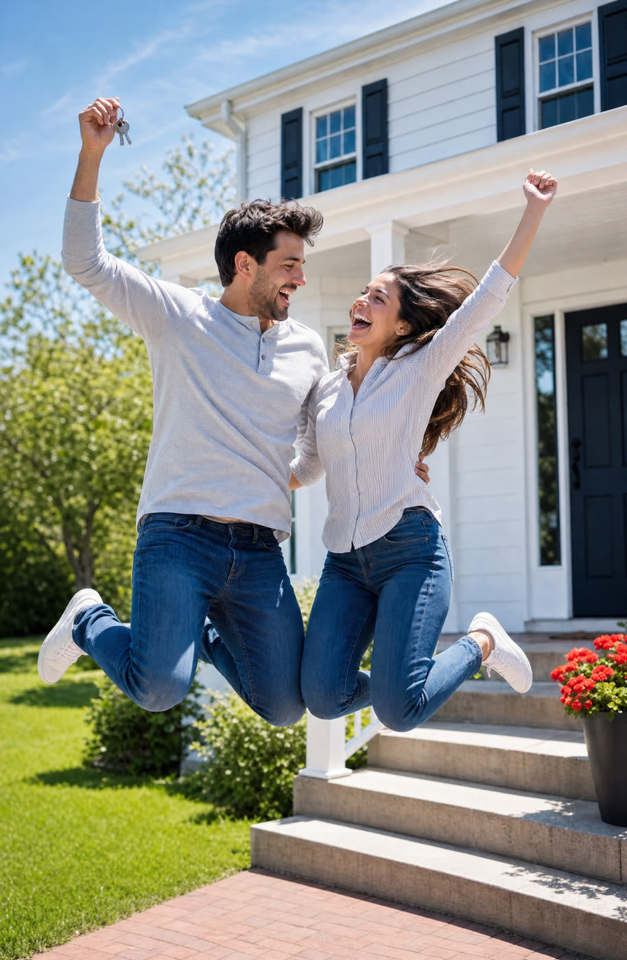 A couple jumping for joy with their new house keys in front of their home